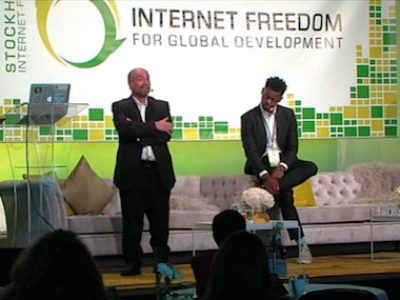Walid Al-Saqaf (left) and TMS Ruge on stage at the Stockholm Internet Forum